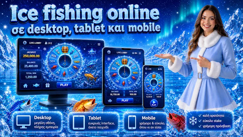 Ice fishing online σε desktop tablet και mobile με σταθερό live stream